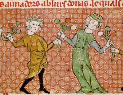 Fol.215v De Verleiding: Een dansend paar door Matfre Ermengaut